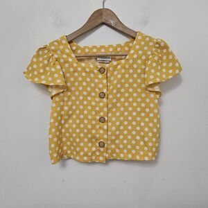 RARE EDITIONS Women's Yellow Polka Dot Button Up Blouse Top Size S